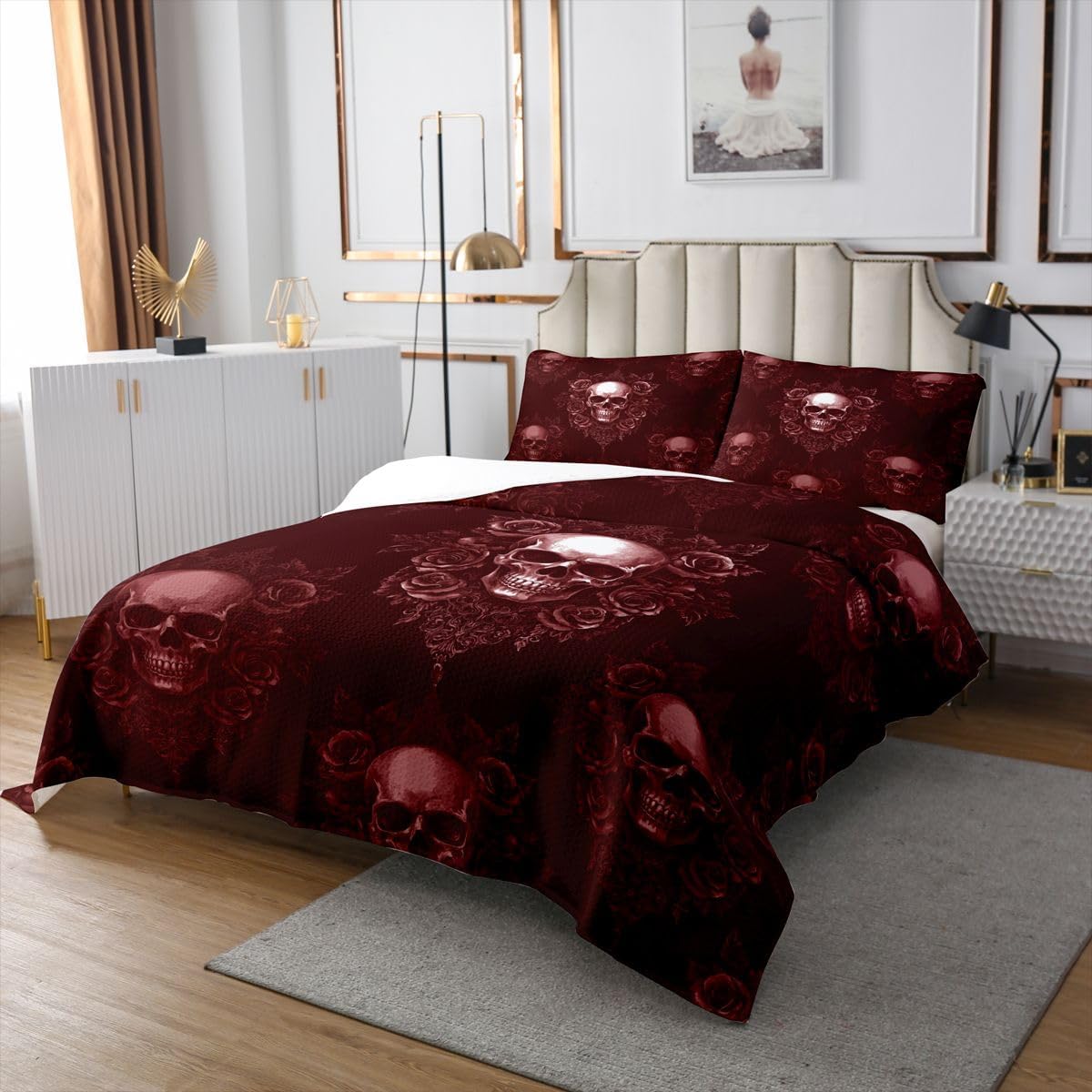Homewish Sketch Skull Bedspread Twin Size 2 Pcs,Gothic Romantic Halloween Bedding Sets for Kids Teens Adults,Retro Red Rose Vintage Flowers Coverlet Set with 1 Pillowcase