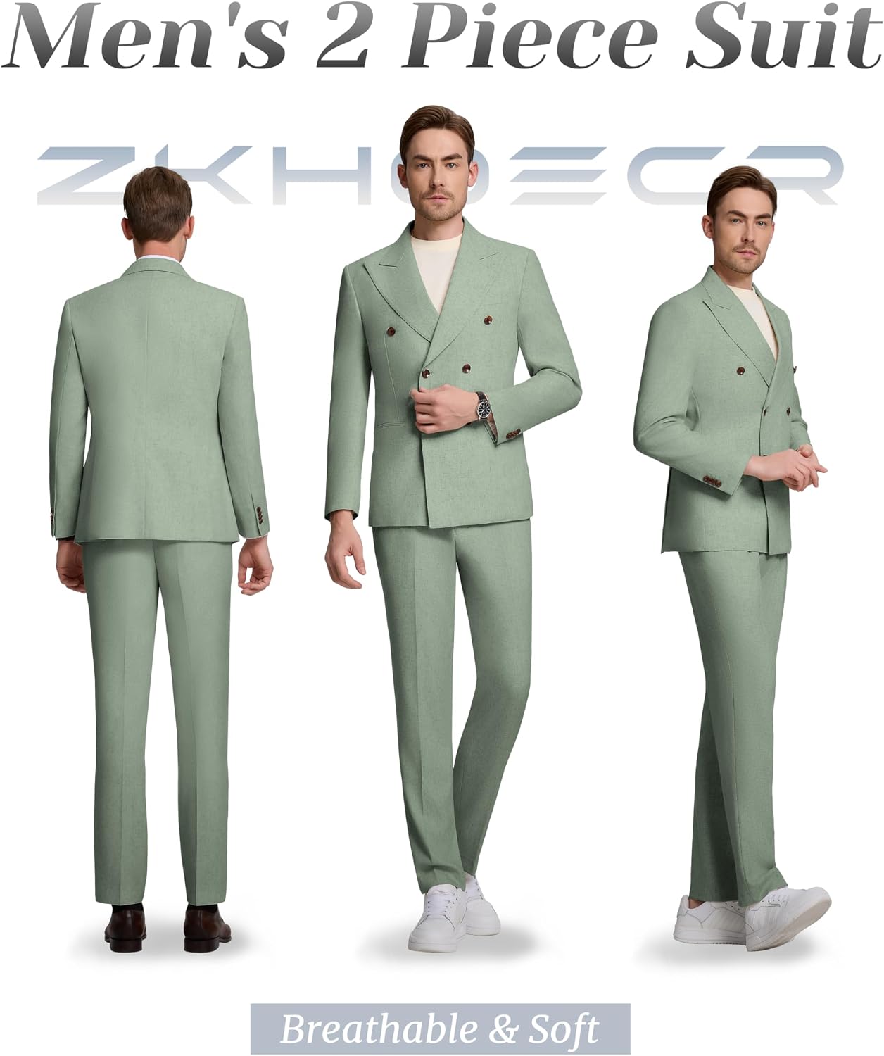 Men's Linen Slim Fit 2 Piece Suit Set Casual Business Blazer & Flat Front Pants for Wedding Summer Beach Party