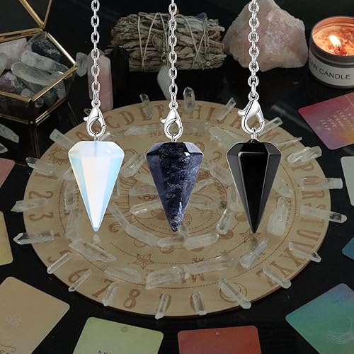Miniatura 4 de DUQGUHO Juego de 3 péndulos de cristal de brujería, accesorios Wiccan, herramientas de adivinación, ópalo natural, labradorita, obsidiana, cristal