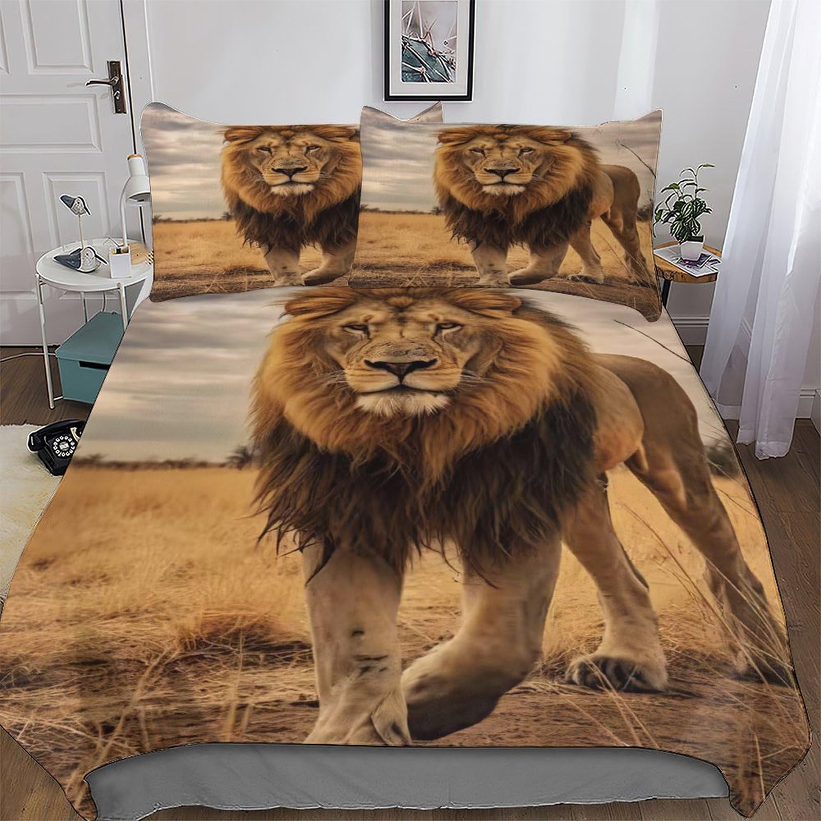 Housse de couette lion 220x240 cm en microfibre avec 2 taies d'oreiller pour lit King