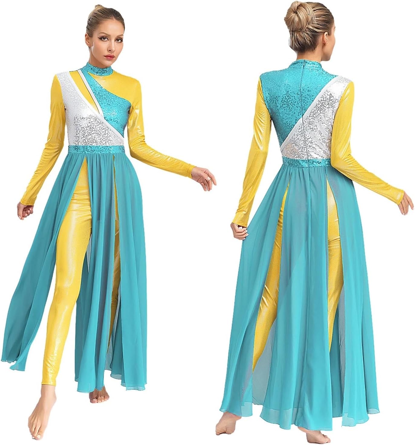 Women Modern Lyrical Dance Dress Church Choir Worship Liturgical Praise Gown Long Sleeve
