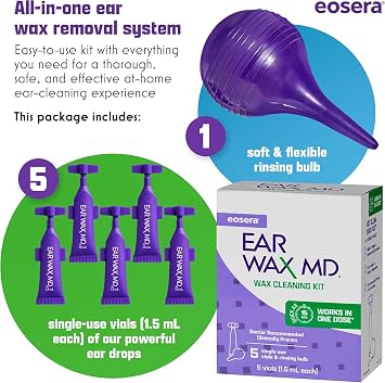 eosera Ear Wax MD Cleaning Kit - Fast-Acting Ear Wax Dissolving Drops & Rinse Bulb Syringe - Doctor Recommended, Clinically Proven Earwax Dissolver for Adults & Kids - Works in 15 Minutes - 5 Vials