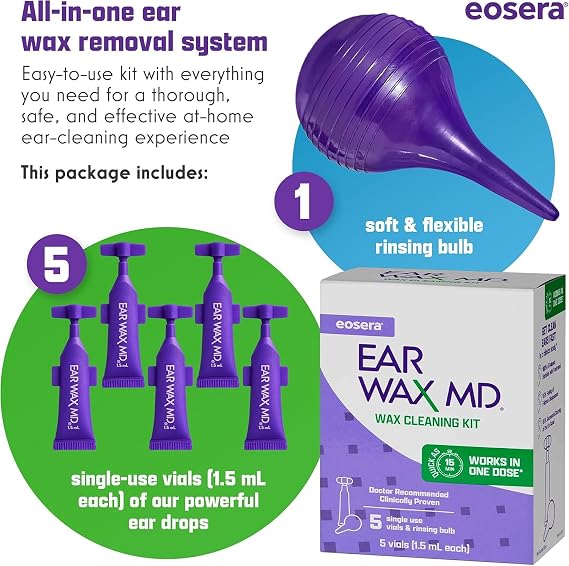 eosera Ear Wax MD Cleaning Kit - Fast-Acting Ear Wax Dissolving Drops & Rinse Bulb Syringe - Doctor Recommended, Clinically Proven Earwax Dissolver for Adults & Kids - Works in 15 Minutes - 5 Vials