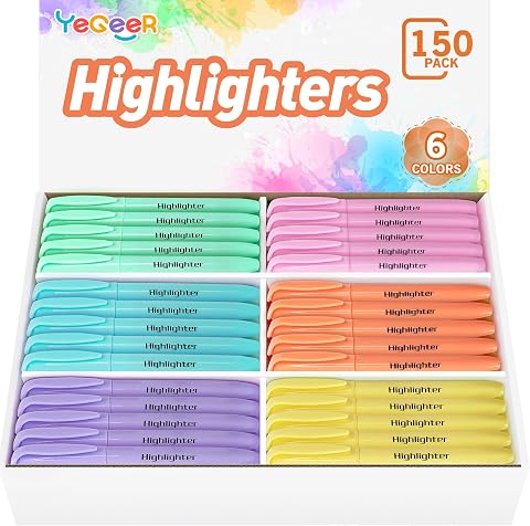 YEGEER Highlighters Bulk, Chisel Tip Dry-Quickly Highlighter Markers, 150 Count-6 Assorted Colors Highlighters Bulk Pack for Adult Kids, Office Classroom Must Have, School Supplies for Teachers (150)