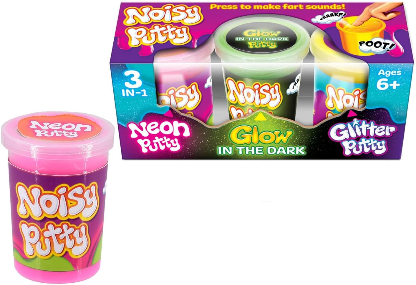 3 in 1 Noisy Putty - Neon, Glow and Glitter Putty, Noisy Putty That Makes Fart Sounds, Putty for Children Toy, Soft Slime, Stress Relief Toy, Kids Party Favours, Party Bag Slime