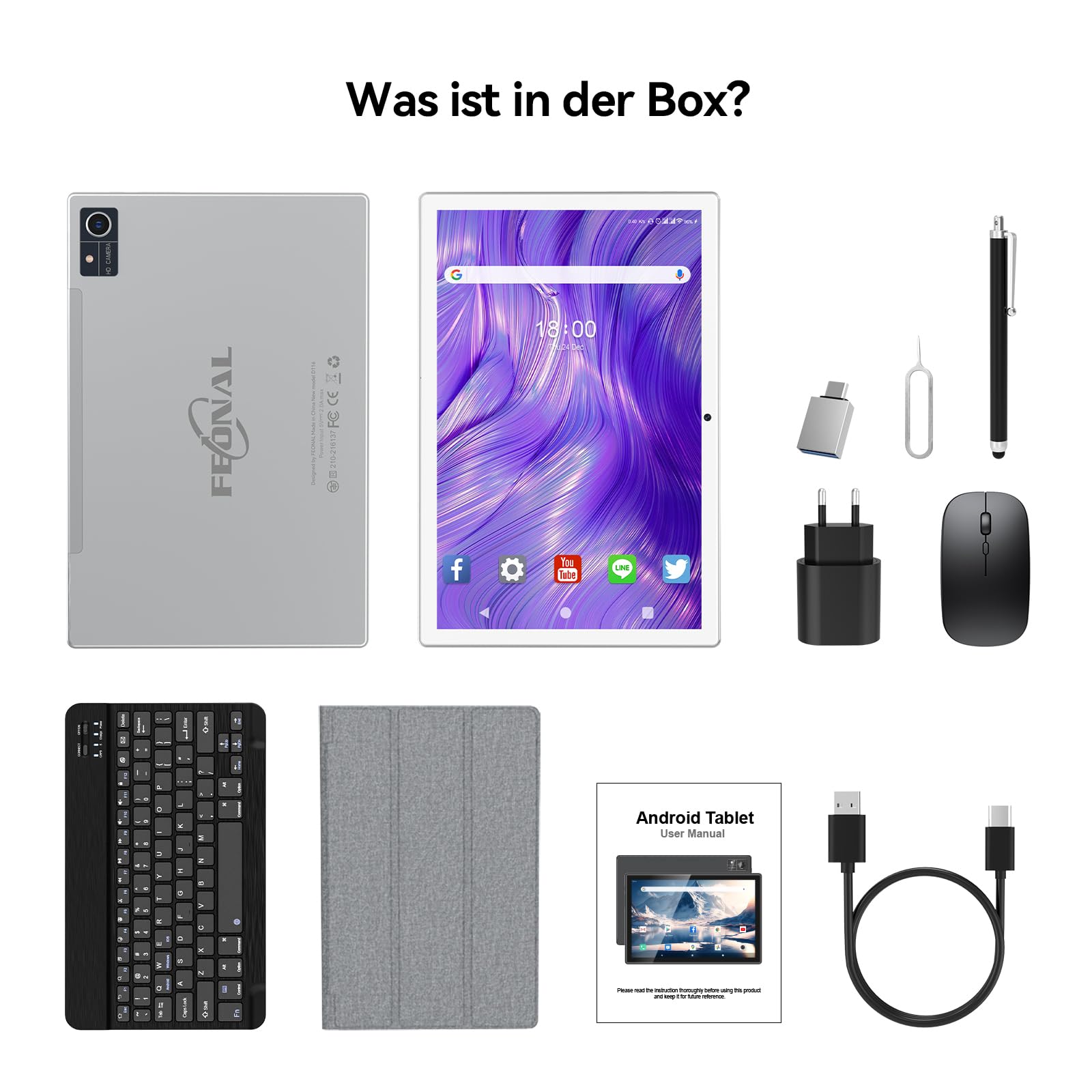 FEONAL Tablet 10 pollici con 16 GB RAM+128 GB ROM (1 TB TF) - Argento