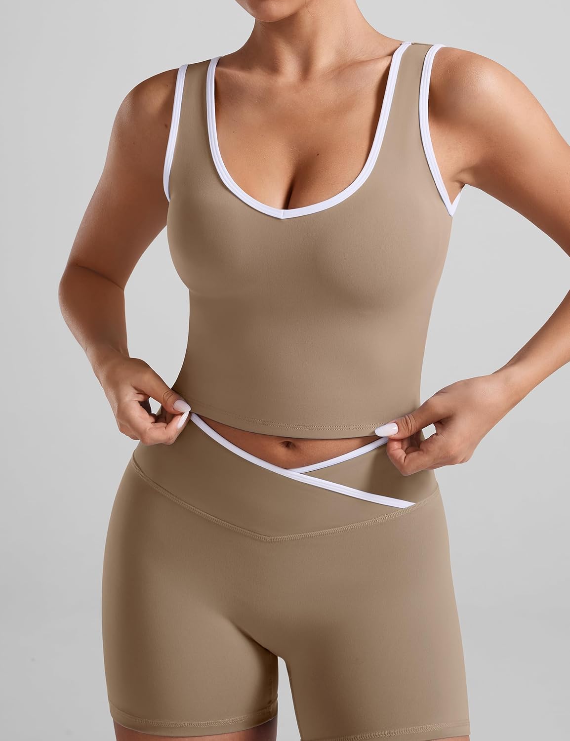 OLCHEE Womens Workout Sets 2 Piece Gym Yoga Outfits Crossover Flare Leggings Crop Tank Top with Contrast Trim - Image 4