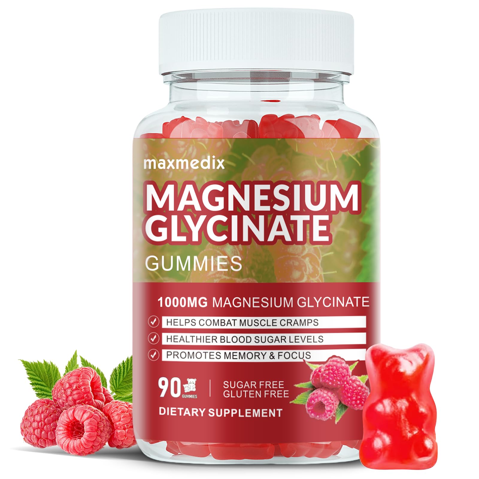 Magnesium Glycinate Gummies 1000mg, Sugar Free Magnesium Potassium Supplements Chewable for Adults with L-Threonate for Sleep, Body Support and Relaxation,90 Raspberry Gummies