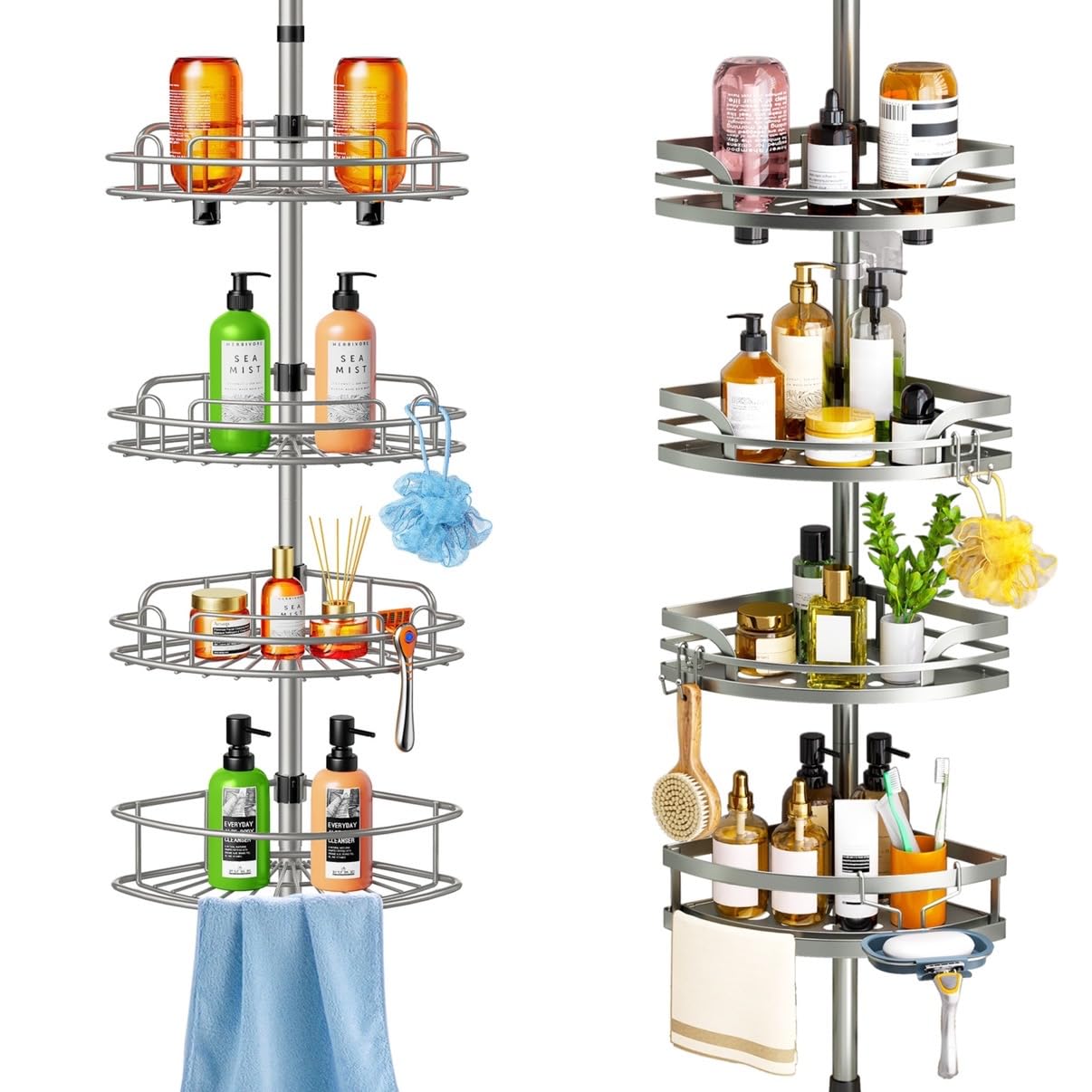 HAMITOR Corner Shower Caddy Tension Pole 4-Tier Rust-Resistant Adjustable Bathroom Organizer Shelves - 47-121 Inch No-Drill Quick Installation