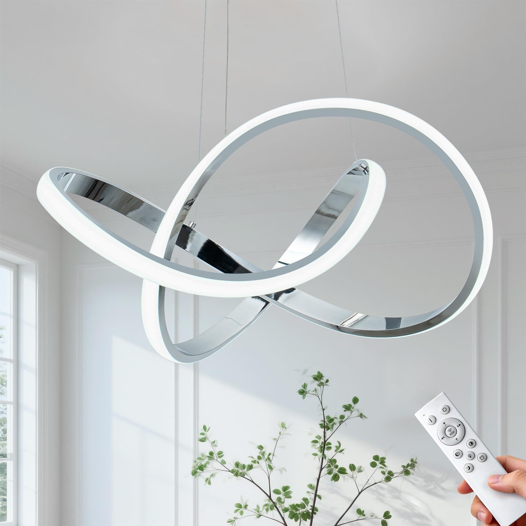 Photo 1 of **BATTERY DONT WORK**MAYNA Modern Chandelier with Remote Control, 3-Color Dimmable LED Pendant Light Fixtures, Height Adjustable Kitchen Island Lighting for Dining Room Kitchen Entryway Living Room, Chrome 25.6 inch