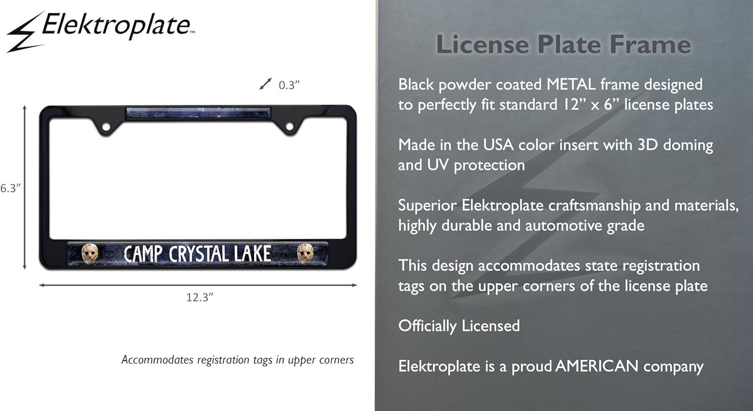 Elektroplate Officially Licensed – Friday the 13th Jason Camp Crystal Lake Black Metal Standard Size Horror License Plate Frame Tag Holder for Cars/SUVs/Trucks Weather-Proof Automotive Accessory