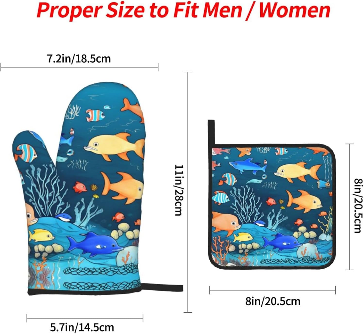 Blue Underwater World of Fish Patterned Kitchen Baking 4-Piece Set, High Temperature Resistant Oven Mitts and Potholders Set for Cooking Baking Grilling