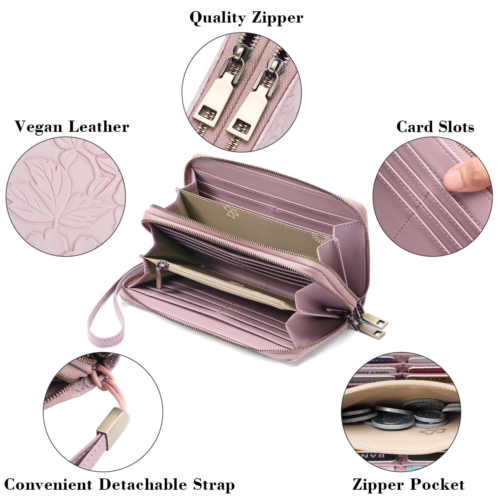 GAEKEAO Portafoglio Donna Grande, Portamonete Vegan in Pelle, Porta Tessere Blocco RFID, Portacarte di Credito, Porta Tessere, Borsellino Doppia Cerniera, Idee Regalo