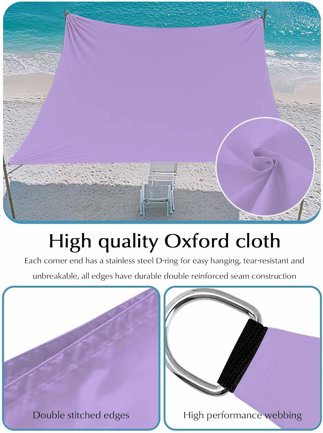 Minimalist Solid Color Sun Shade Sail 8' x 10', Pure Lavender Purple Simple Rectangle Outdoor Sun Shade Canopy, Waterproof UV Block Patio Covers for Garden Backyard Beach Pergola Deck