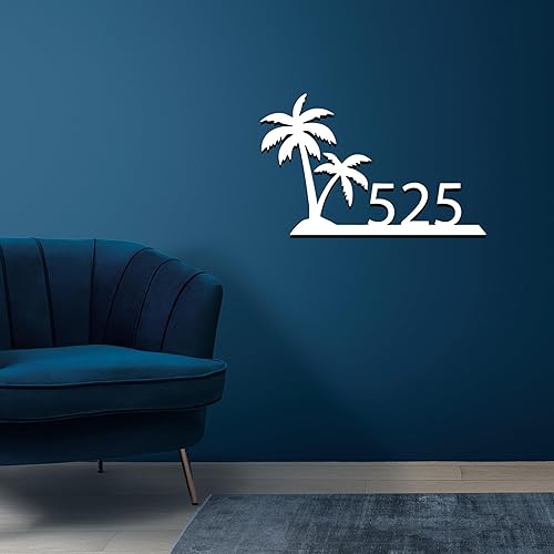 Miniatura 5 de Letrero de metal personalizado con número de casa, placa de dirección personalizada con diseño de palmera, letrero de pared decorativo de acero