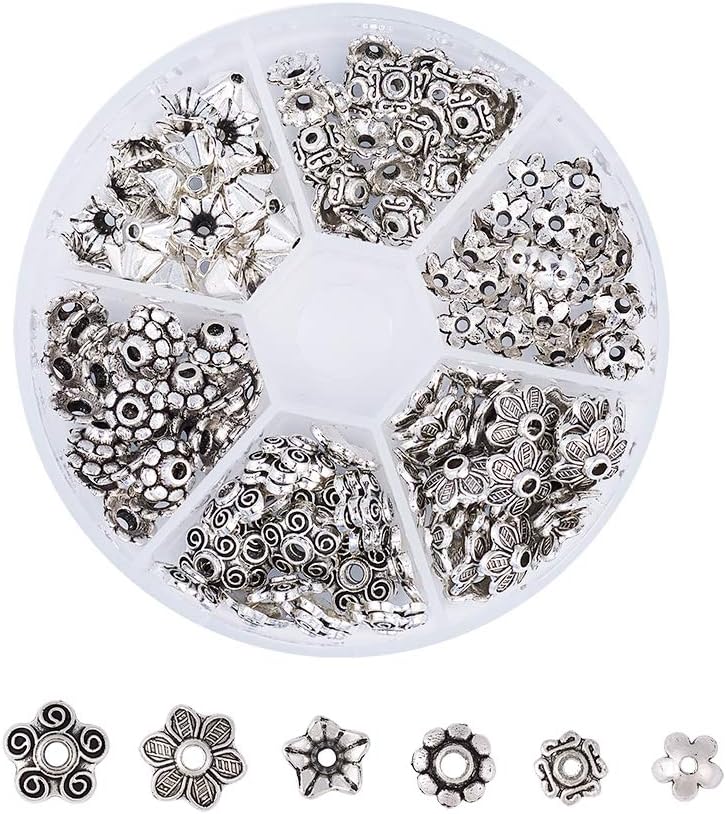 Beadthoven 180Pcs 6 Styles Tibetan Style Alloy Flower Spacer Bead Caps Cones End Caps with Container for Jewelry Making Hole: 1-2mm