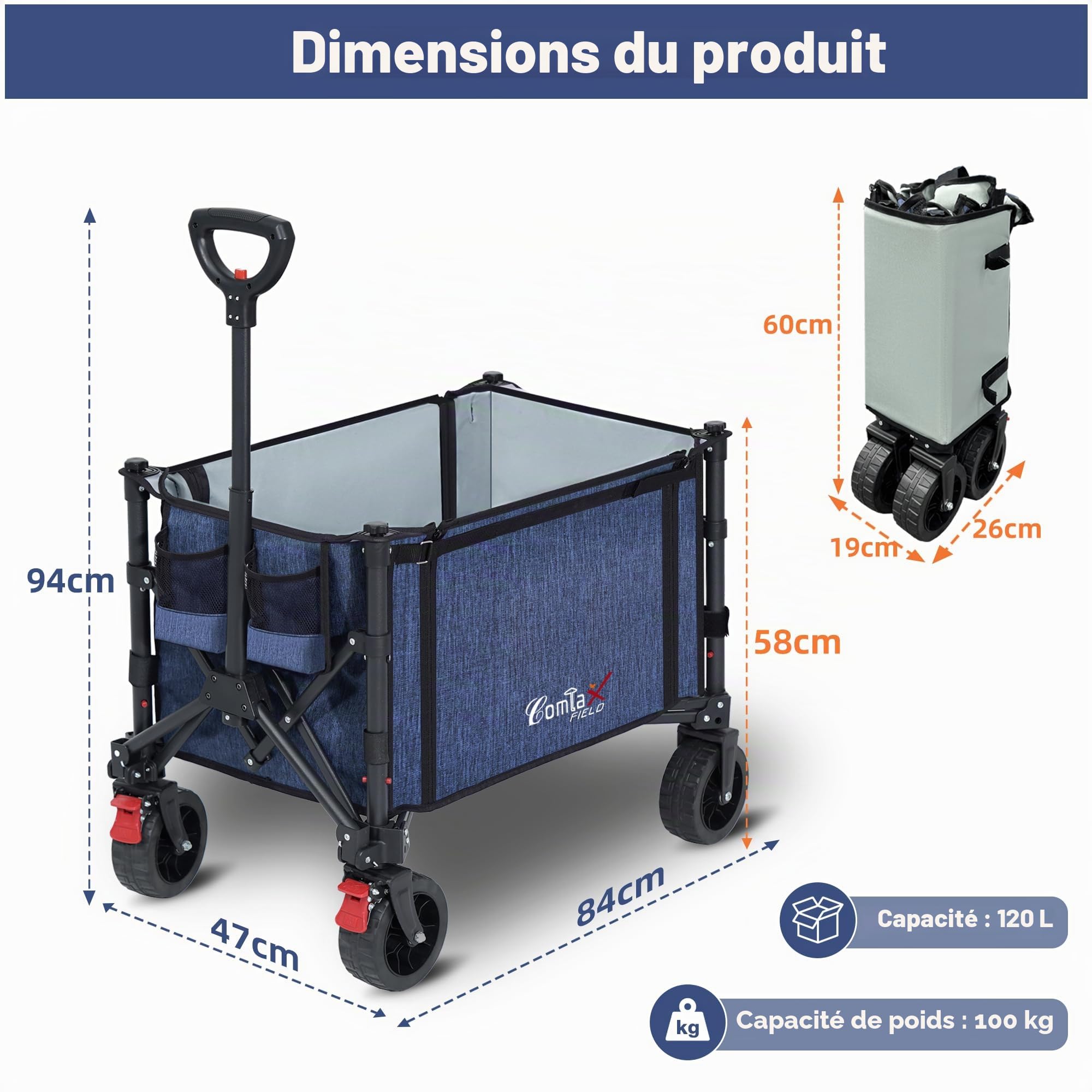 COMLAX FIELD Chariot pliable avec grandes roues tout terrain, chariot pliable de 120L 100KG avec freins, chariot de plage pour la plage, le jardin, le camping, les courses, bleu