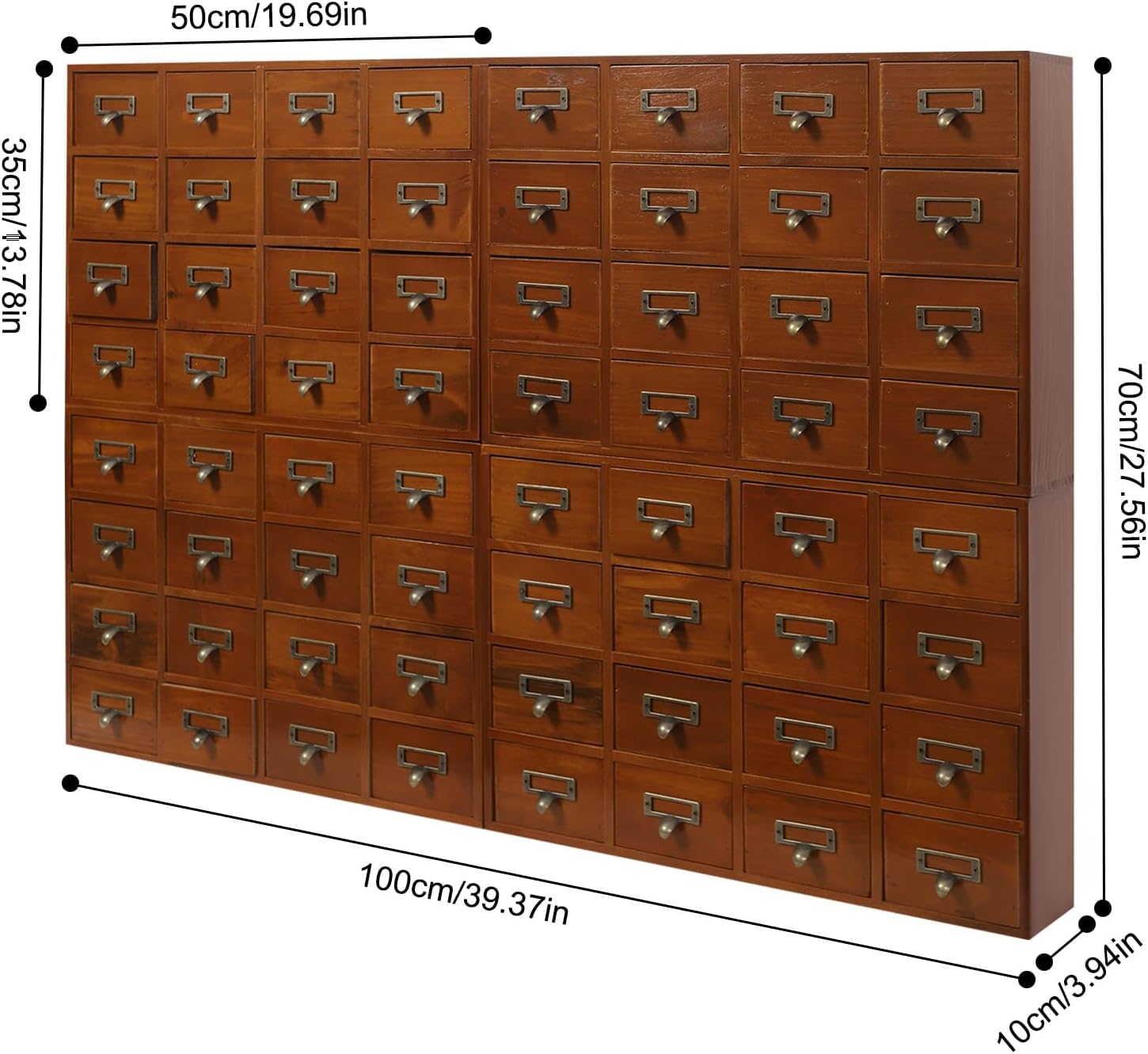 64-Drawer Apothecary Cabinet, Brown Pine Wood, Traditiona Apothecary Drawers, Vulti Level Countertop Arts Library Card Catalog Cabinet (4-Pack, 19.69x13.78in Each)