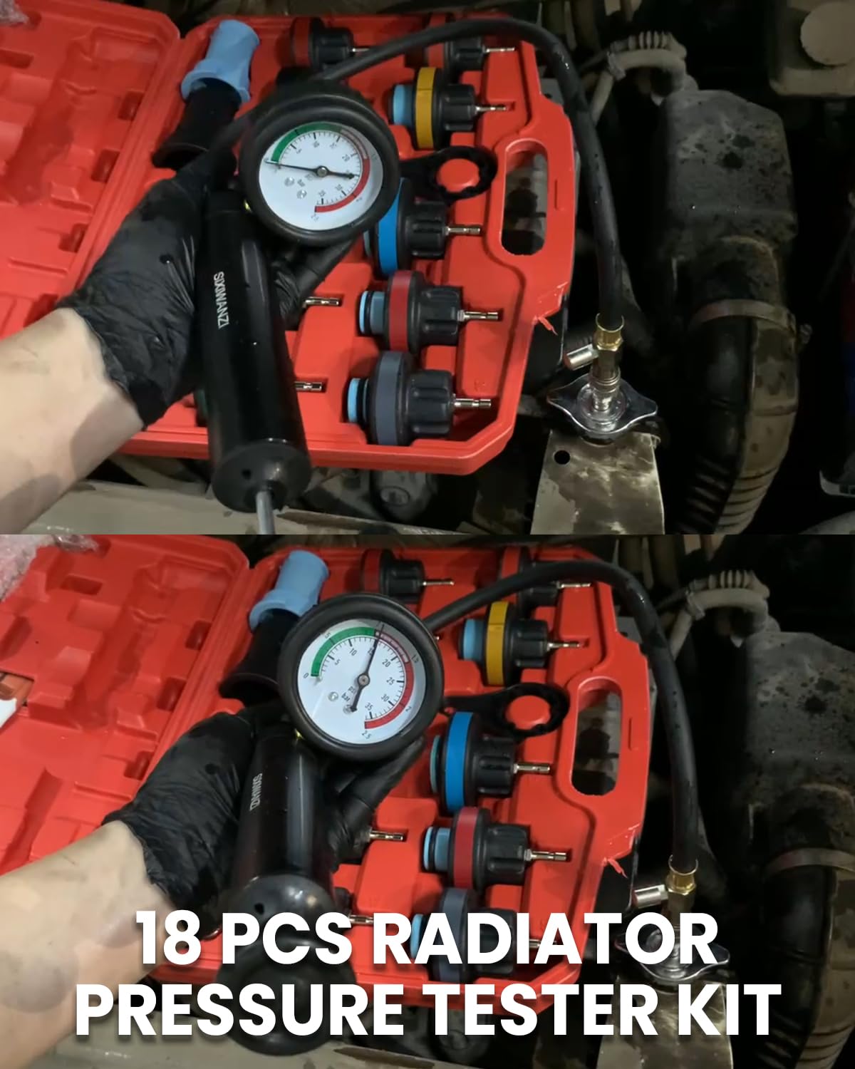 SIXIWANZI 18pc Universal Radiator Pressure Tester Kit,Coolant Pressure Tester kit with 13 Radiator Adapters for Automotive Cooling System Water Tank Leakage Detection