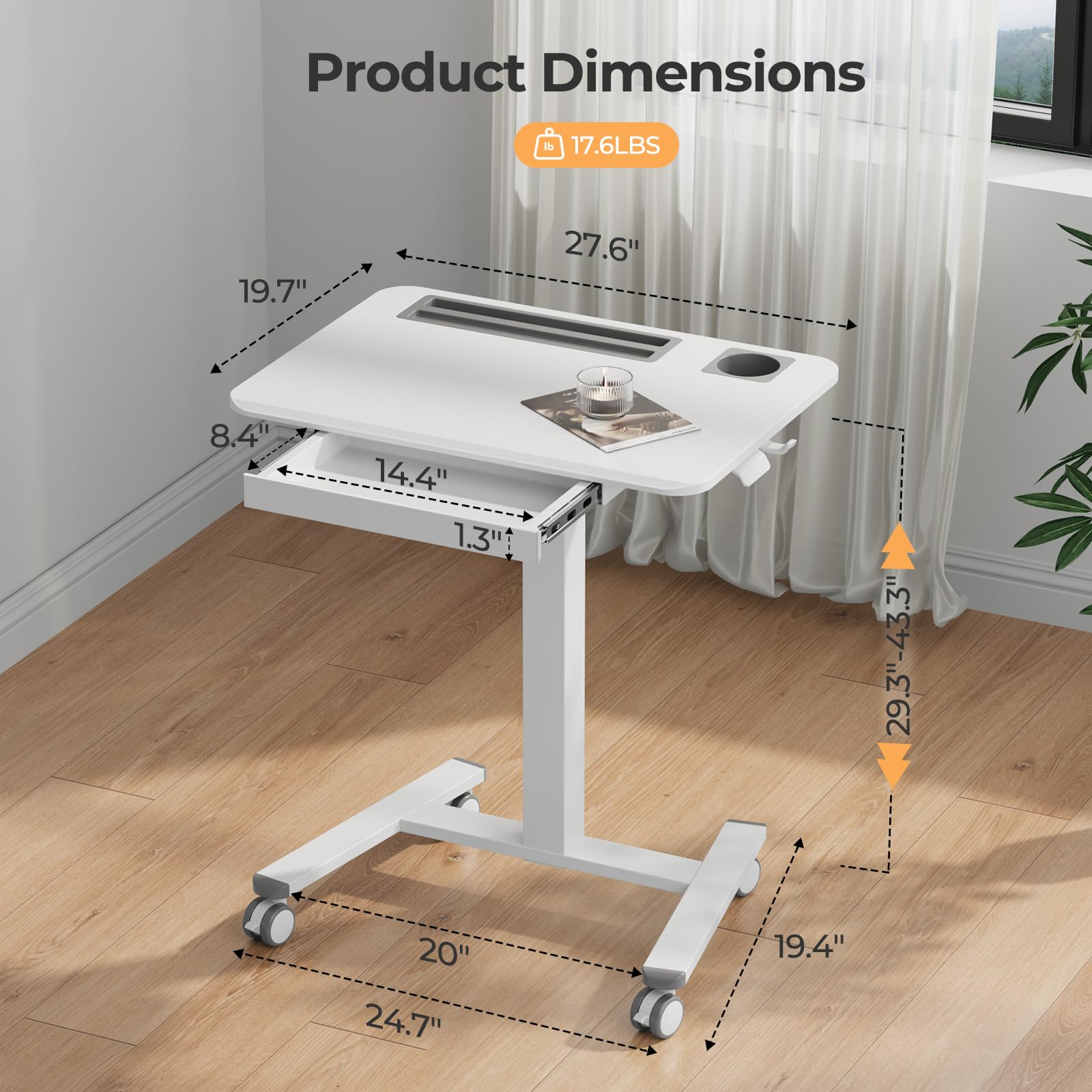 Mobile Standing Desk with Drawer 28 Rolling Desk with Cup Holder and Hooks Portable Laptop Cart on Wheels — view 2