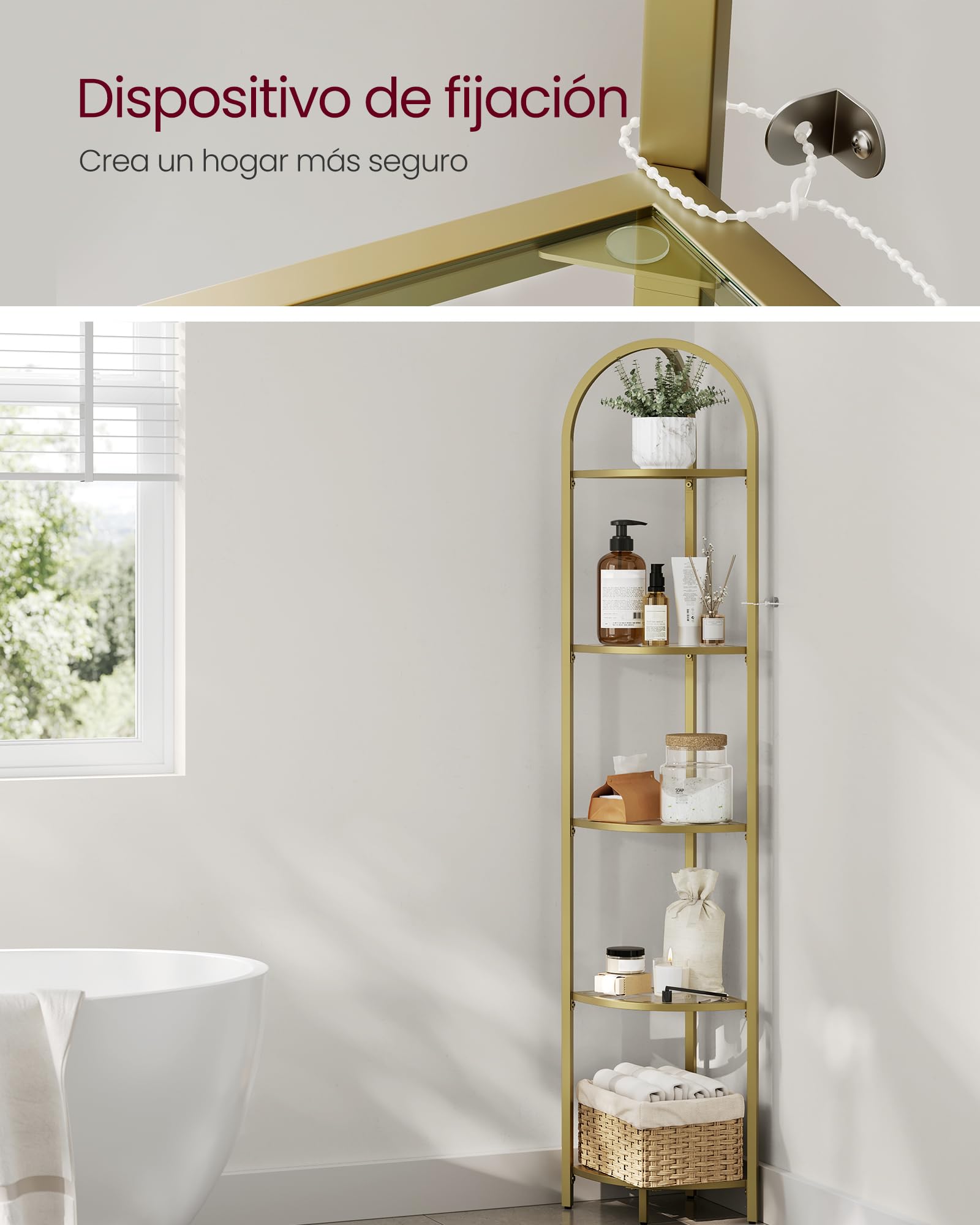 VASAGLE Estantería Esquinera de 5 Niveles, Librería, Soporte para Plantas, Estantería para Baño, Vidrio Templado, Marco de Metal, Estilo Moderno, para Salón, Cocina, Dorado Metálico LGT810A01