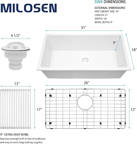 Miniatura 3 de Fregadero de cocina blanco de montaje inferior, fregadero de cocina blanco de 31 pulgadas, fregadero de cocina de 31 × 18 de un solo cuenco,