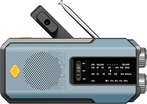 Radio meteorológica NOAA de emergencia, radio portátil de manivela, batería recargable de 2000 mAh, batería solar, AMFM, alarma SOS, linterna, tipo