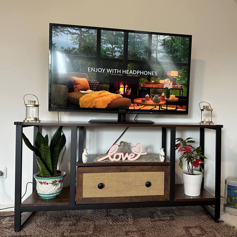 Meuble TV, Meuble Télé Pour Téléviseur Jusqu'à 55 Pouces Avec 3 Tiroirs Et Pieds En Acier 120 X 29 X 56 Cm Brun Rustique 75453481