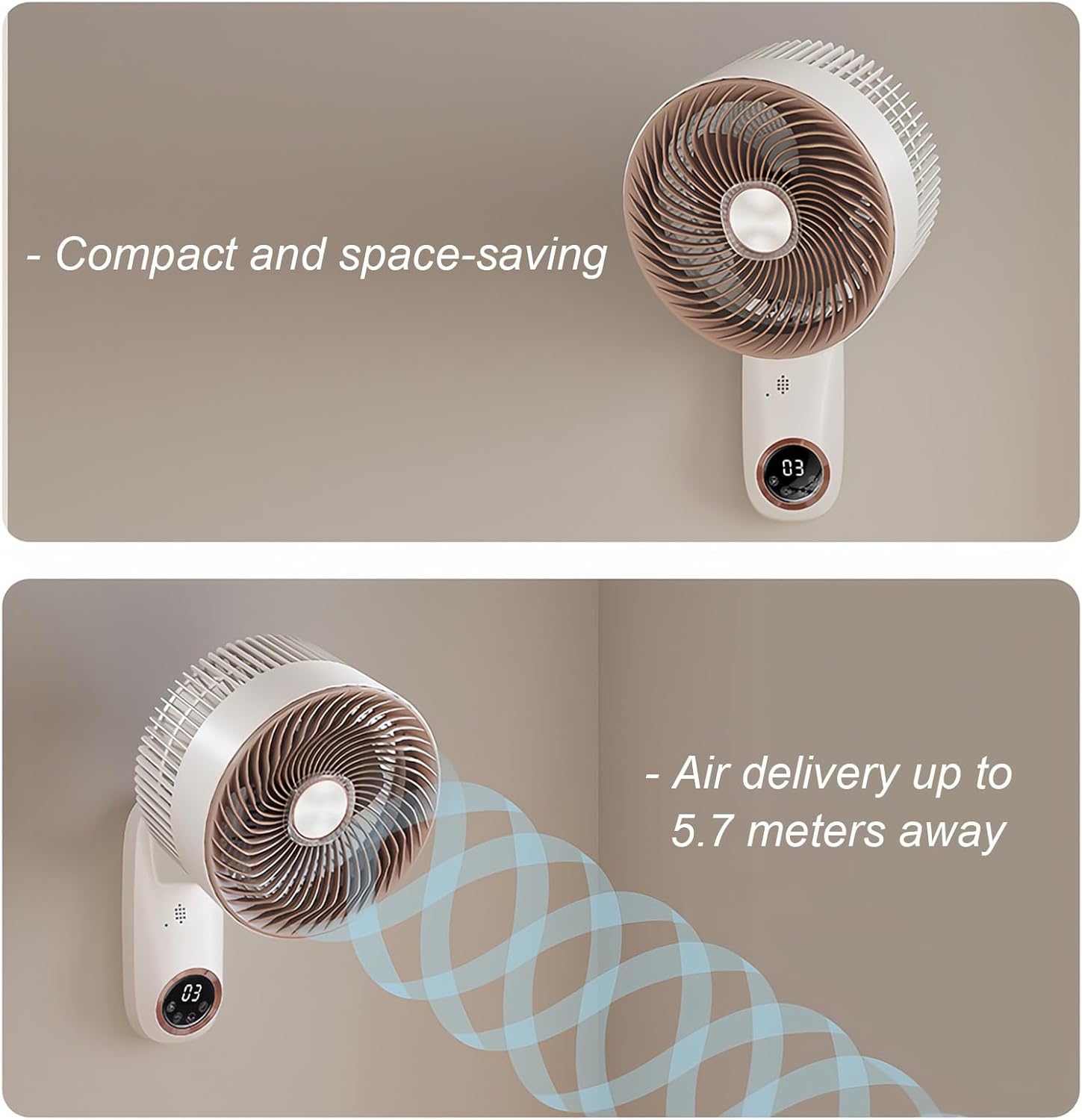 Wall Mount Fan - 8-Speed Oscillating Air Circulator with Remote Control and Timer, Noiseless Design, Space Saving for Home or Office Use