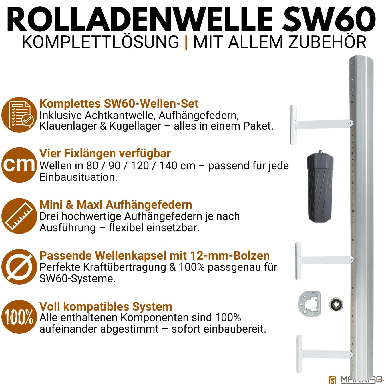Rolladenwelle SW60 Komplettset Stahlwelle für Rollladen, Achtkantwelle mit Ø 60mm Durchmesser | Fixmaße 120 cm - Umrüstset für Einbau Rolladenmotor