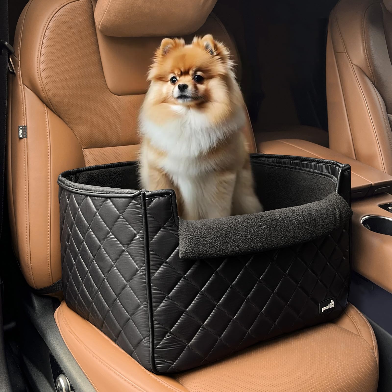 Pecute Elegante Asiento de Cuero para Perros, Asiento Elevador para Coche para Perros, Asiento para Perros con Bolsa de Almacenamiento,Asiento para Coche Perros Medianos y Pequeños, Peso hasta 13.6 kg