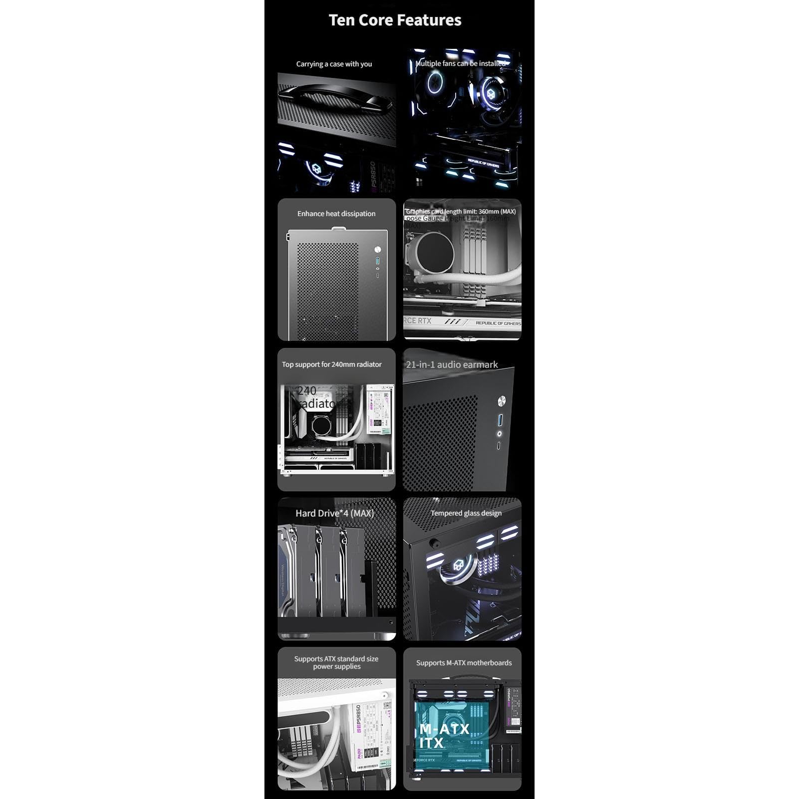 upim M-ATX-Gehäuse, Mid-Tower-Desktop-Computer-Gaming-Gehäuse, USB 3.0/Typ-C-Anschlüsse, Gehärtete Glasscheibe, Unterstützt Wasserkühlung, Leicht Zu Bewegen(White)