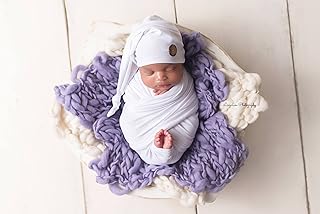 AMOS and SAWYER 2 Piece Set: Fabric Wrap and Knotted Sleeping Hat for Newborn Photography, Choose Color and Button (White - Round)