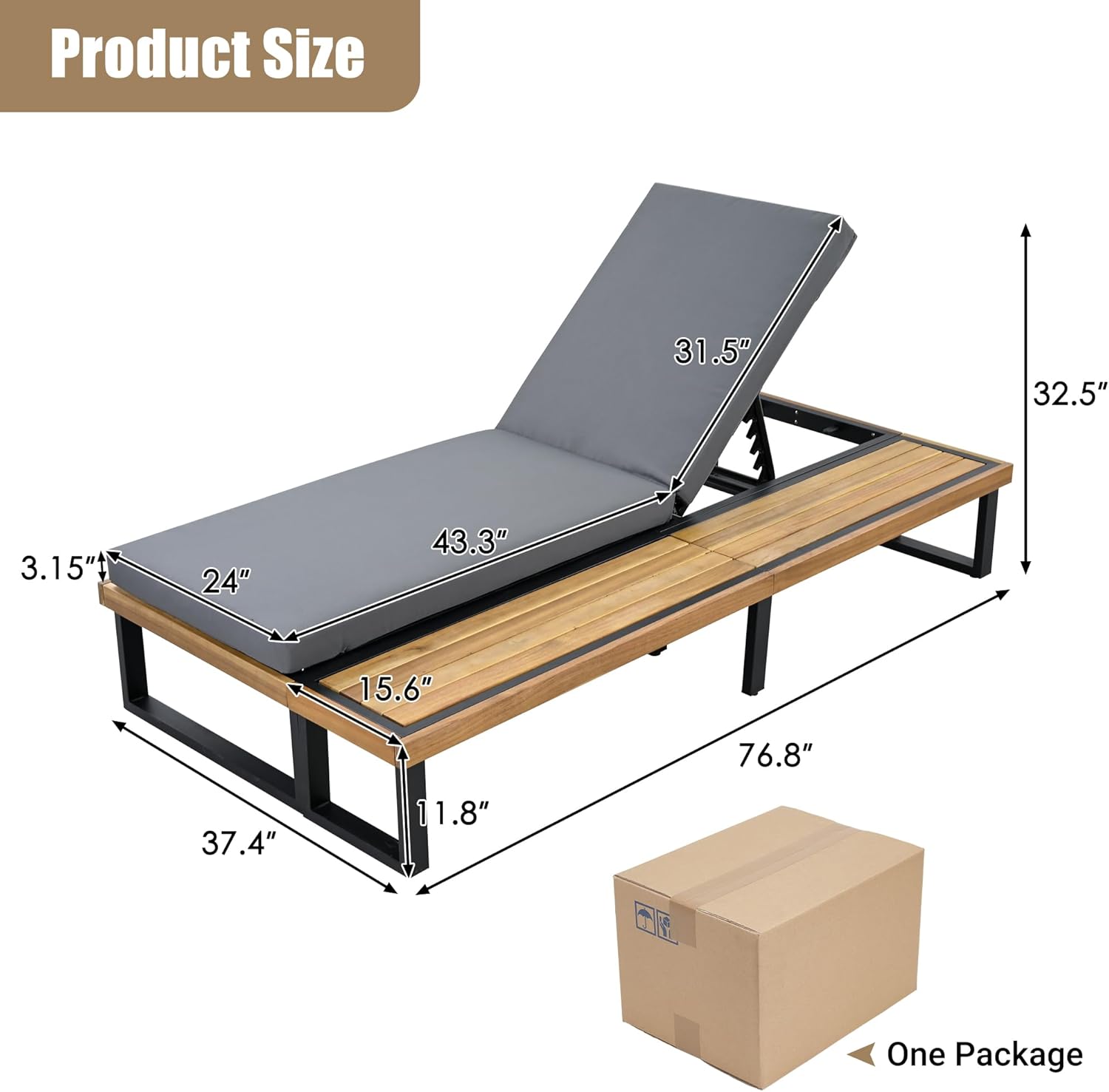 Merax Outdoor Chaise Lounge Chair Sofa, Couch with 5-Position Adjustable Backrest, Reclining with Cushion, Patio Lounger with Wood Side Table, Gray