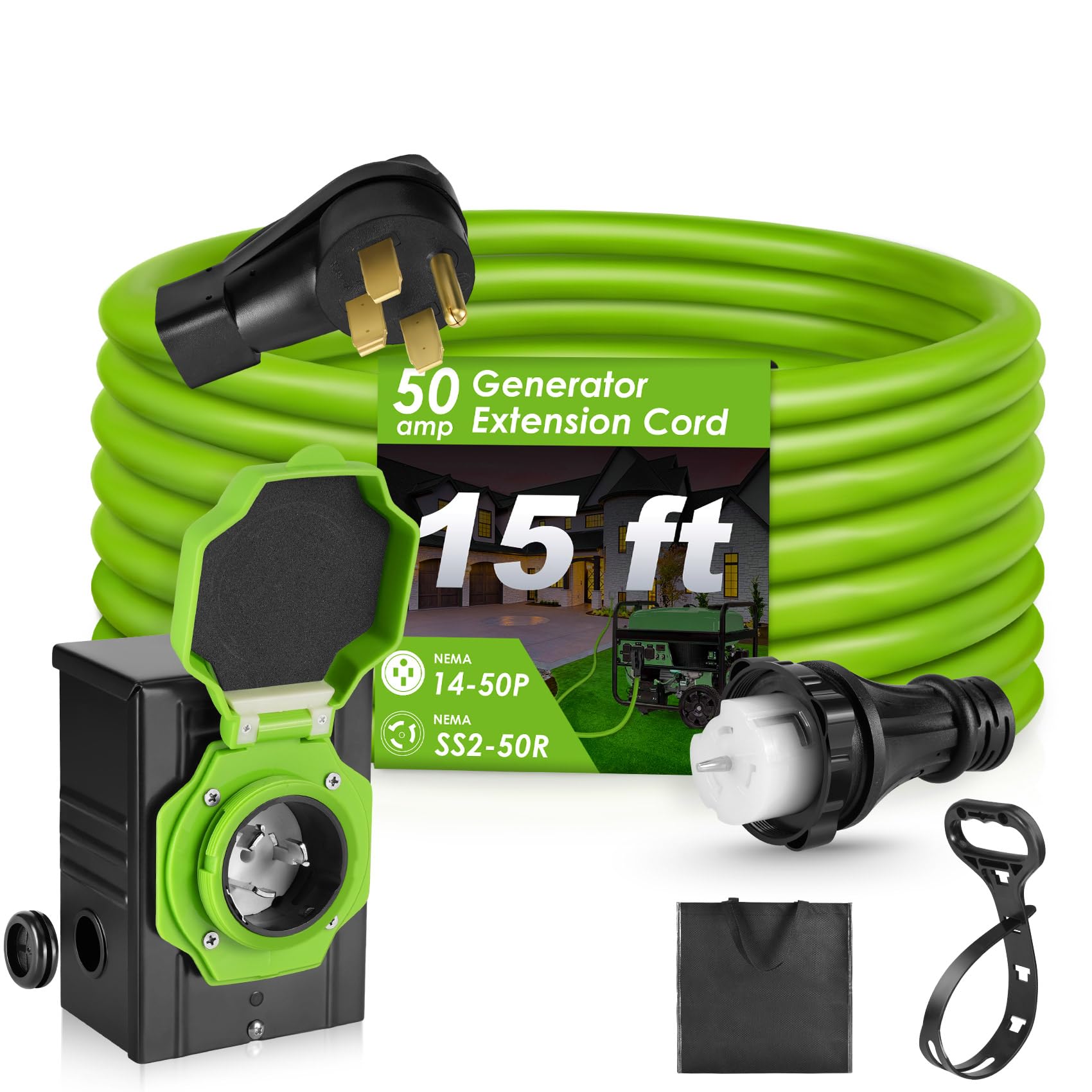 Seeutek 50 Amp Generator Cord - 15 FT 4 Prong Generator Extension Cord with Pre-drilled Power Inlet Box, NEMA 14-50P/SS2-50P Functional Waterproof Cable, High Conductivity, ETL Listed