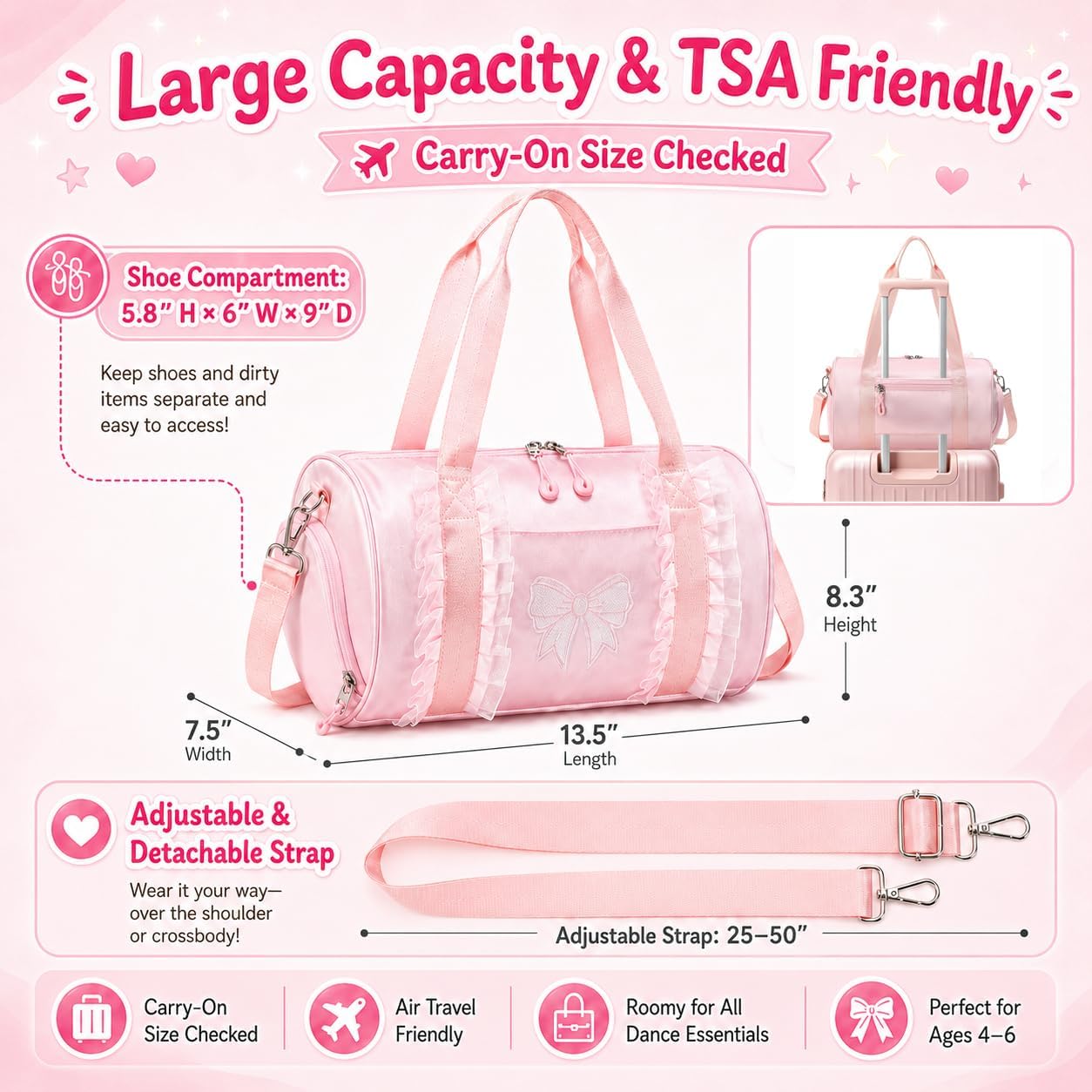 CAMTOP Girls Dance Duffle Bag with Shoe Compartment, Ballet Gymnastics Bag for Girls 4-6, Toddler Travel Overnight Sports Bag with Strap, Cute Ballerina Gift (Pink)