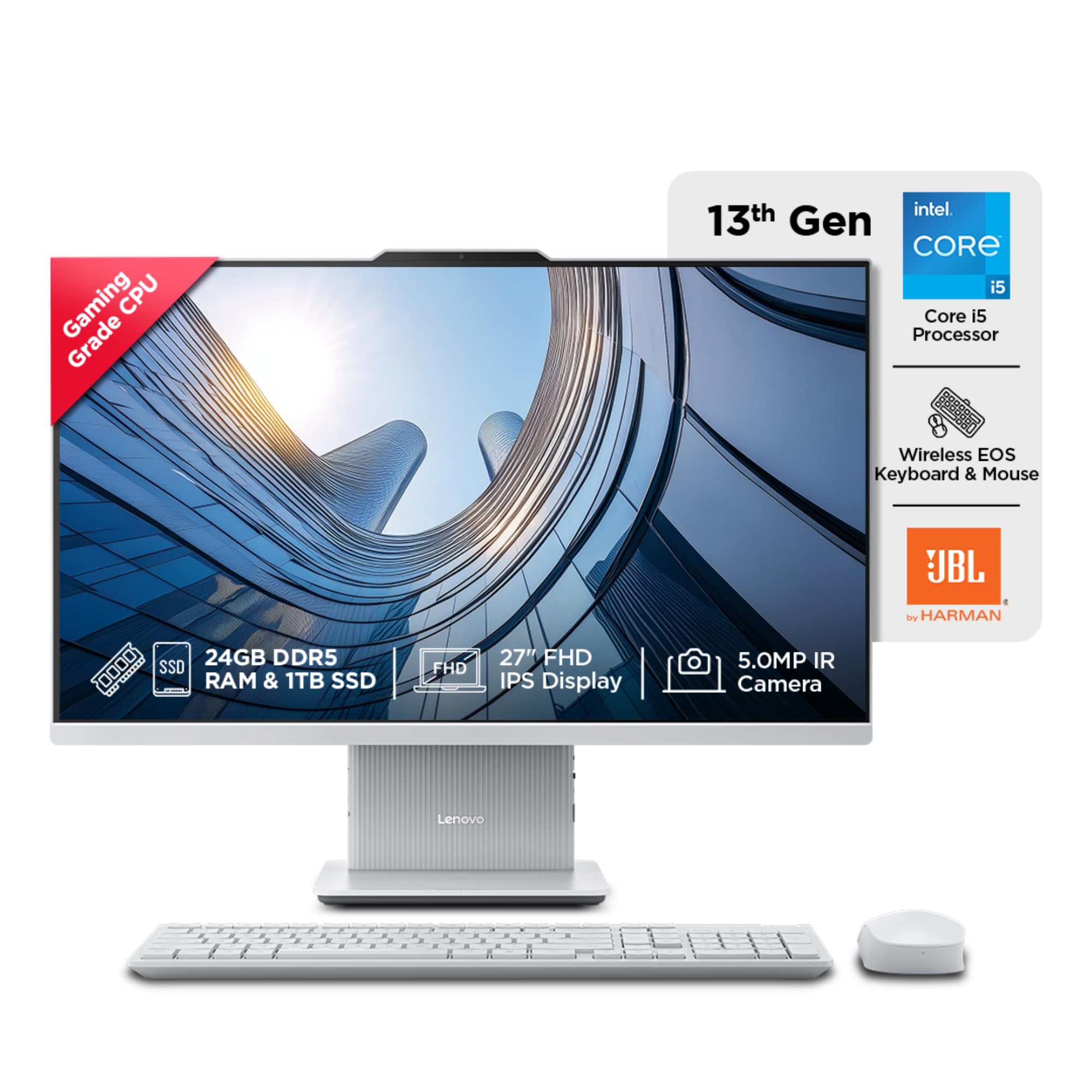 Lenovo IdeaCentre AIO Intel Core i5-13420H 27" FHD (24GB RAM/1TB SSD/Win11/Microsoft 365 Basic + Office Home 2024/3Wx2 Harman/Wireless EOS Keyboard & Mouse,Grey), F0HM00W6IN All-in-One Desktop