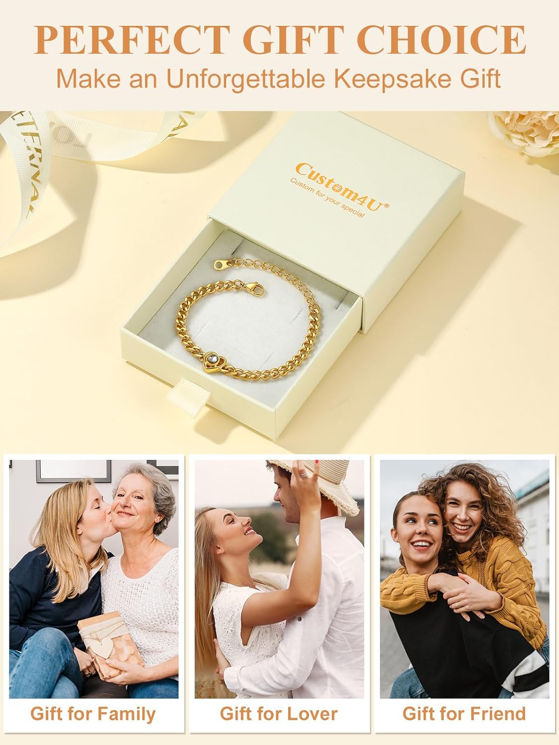 Custom4U Personalized Bracelet with Picture Inside, Silver/Gold Projection Photo Bracelet for Women, 5mm Width 16+5cm Length Brass Chain for Her Jewelry Gifts for Birthday, Anniversary - Image 6