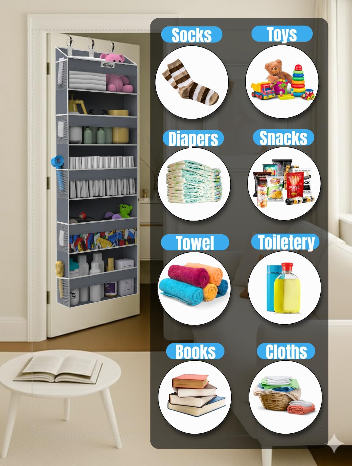 Over the Door Organizer with 5 Large Pockets & 10 Mesh Side Pockets – Durable Hanging Storage for Closet, Bathroom, Bedroom, and Nursery– Space Saving Door Storage with Sturdy Metal Hooks. - Image 5
