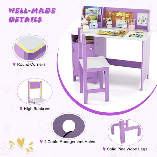 Miniatura 16 de Costzon Juego de escritorio y silla para niños, mesa de estudio de madera para niños con almacenamiento, gabinete, tablero de anuncios de corcho,