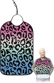 QueenKer Funny Adult Bibs for Eating, Animal Gradient Leopard Print Waterproof Clothing Protector Washable Adult Bib with Crumb Catcher for Men Women Elderl and Seniors