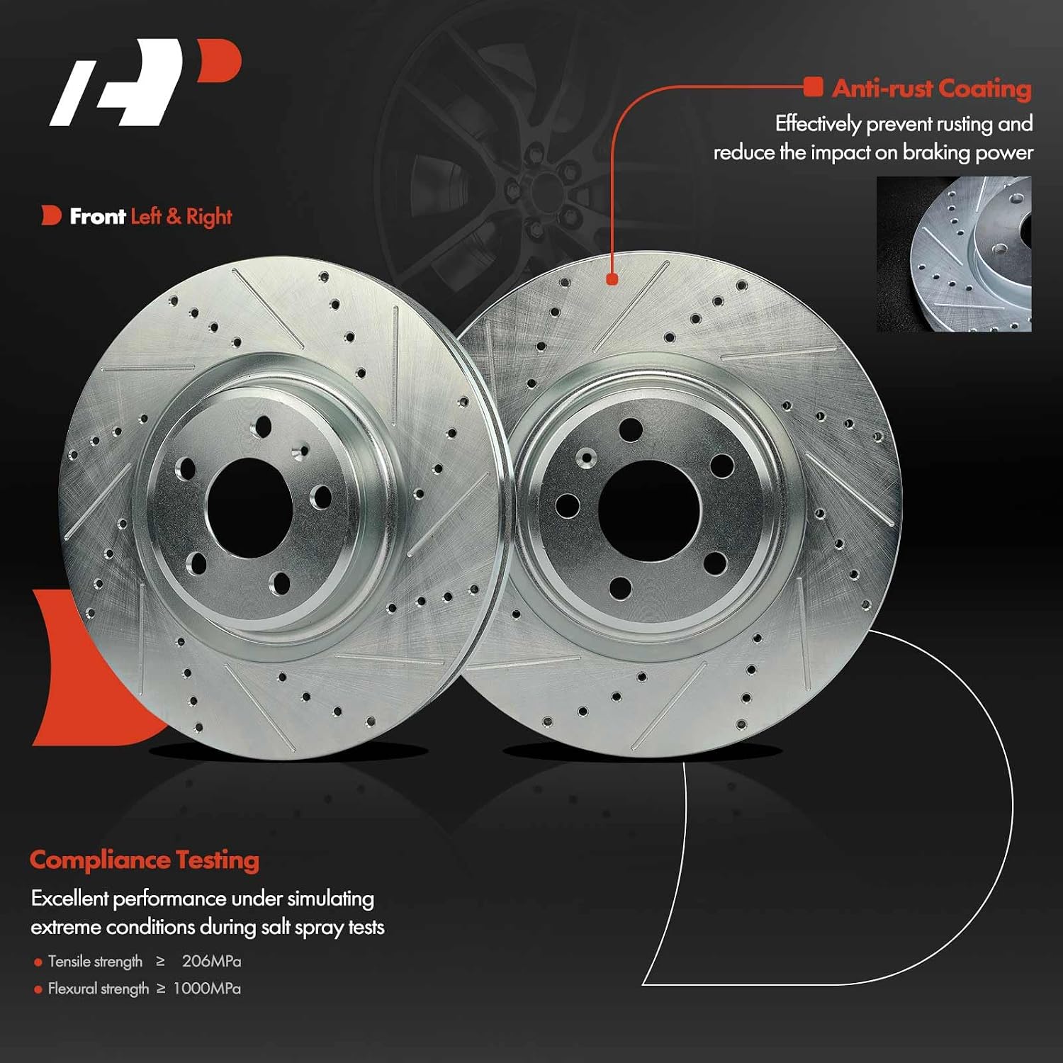 A-Premium 13.58 inch (345mm) Front Drilled and Slotted Disc Brake Rotors Compatible with Select Audi and Porsche Models - Q5 2013-2016, A5 2016, A6, A6 Quattro, Macan, A7 Quattro, S4, S5, 2-PC Set
