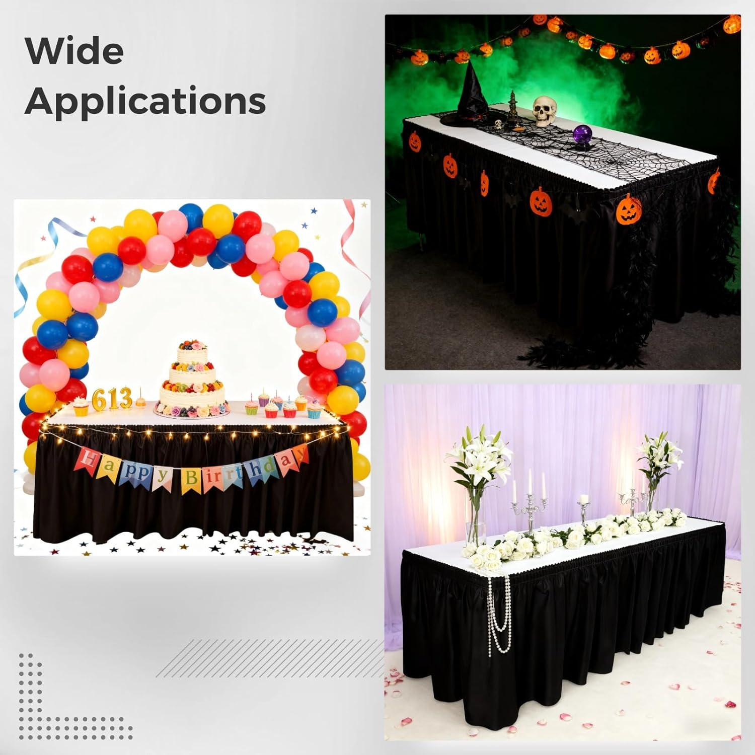 4 Packs Table Skirt 169.3 in X 28.7 in for Parties, Black, Disposable Table Skirting