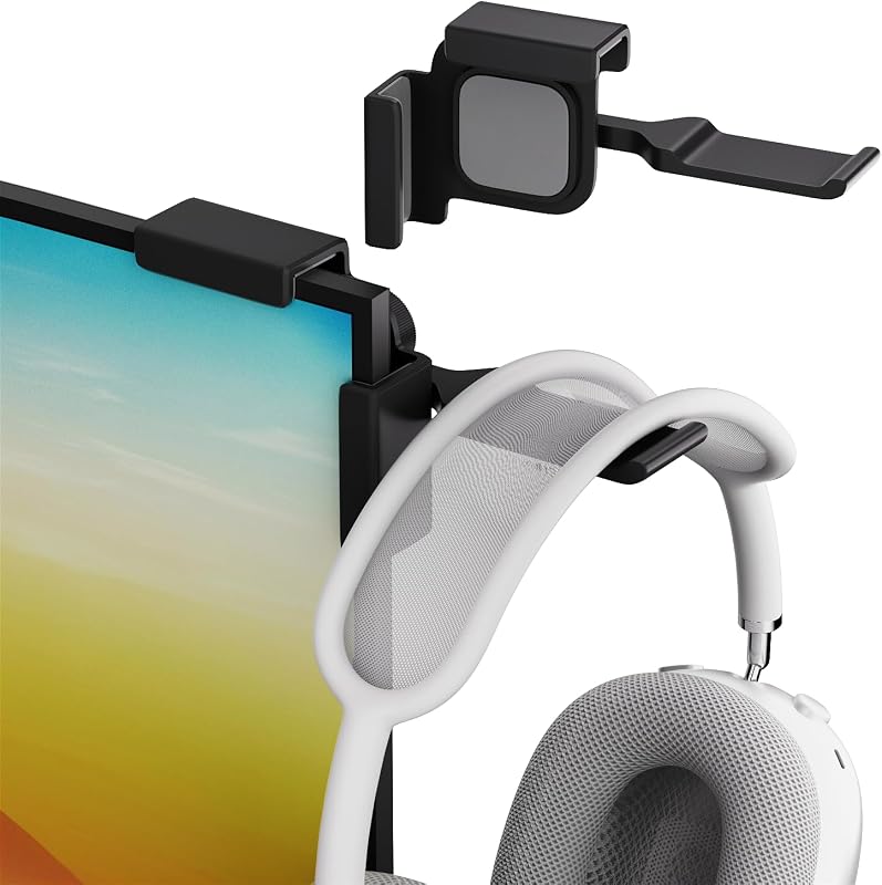 【1PACK Clamp-On Monitor Headphone Stand – Adjustable Headset Holder with 360° Rotating Hook, Silicone Protection, Space-Saving Desk Organizer for Office, Gaming & Study YA-C (Black)