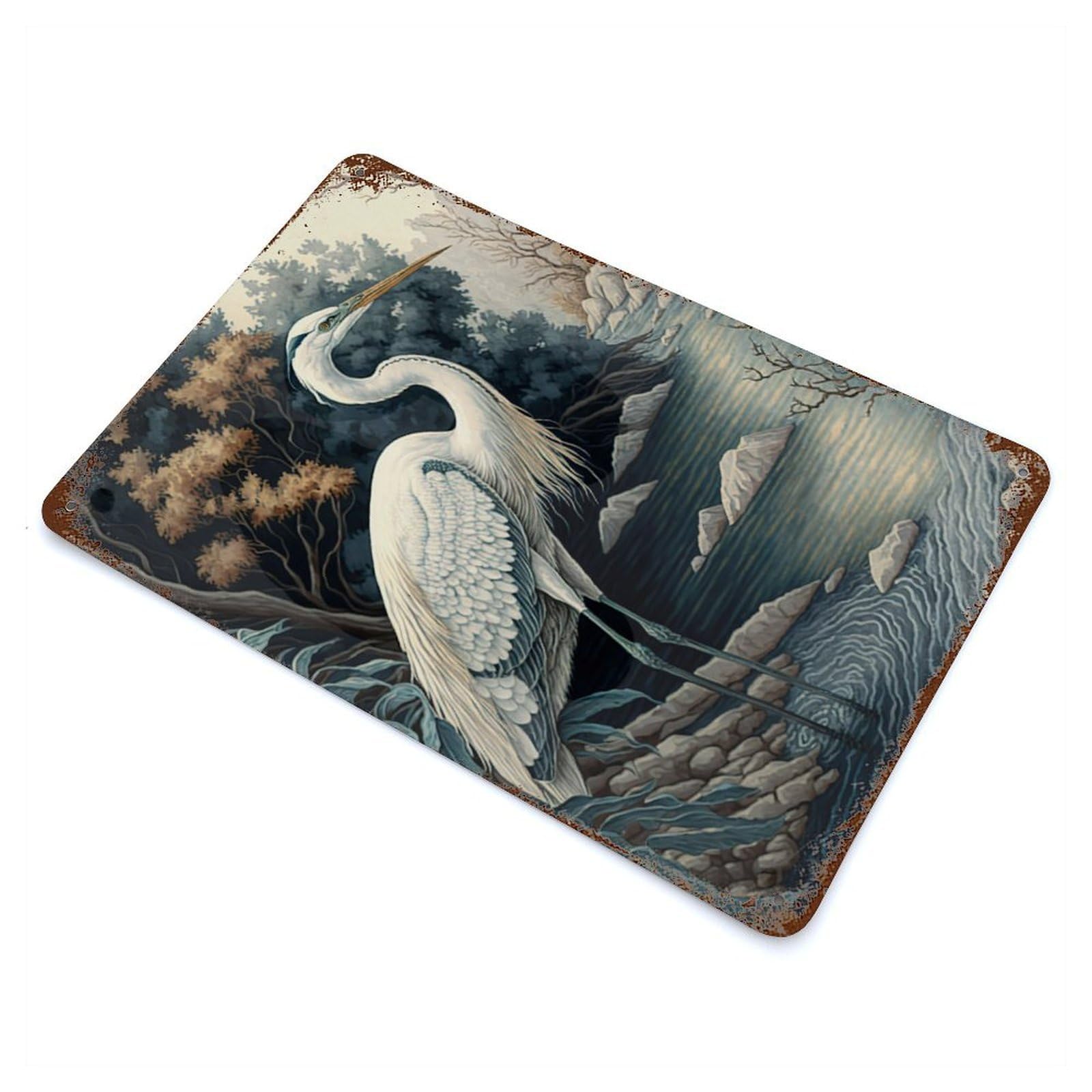 Beautiful Heron 11.8"x7.9" Rusty Metal Tin Sign, Shabby Chic Decor for Bistro, Counter And Cafe Decor