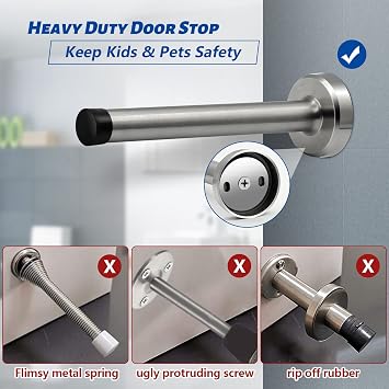 Door Stopper 8 Inch Extra Long Door Stop with Rubber Bumper Tips | Stainless Steel Brushed Nickel Doorstop Wall Mounted for Indoor Outdoor