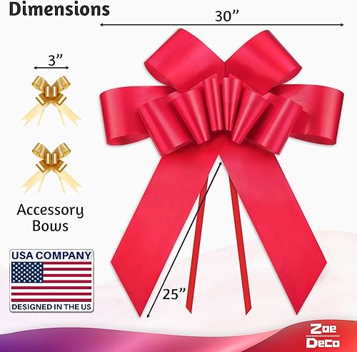 Miniatura 3 de Zoe moño con diseños para auto, color rojo, para regalo, lazo grande de 23 pulgadas para capota o parabrisas, moño con textura elegante.