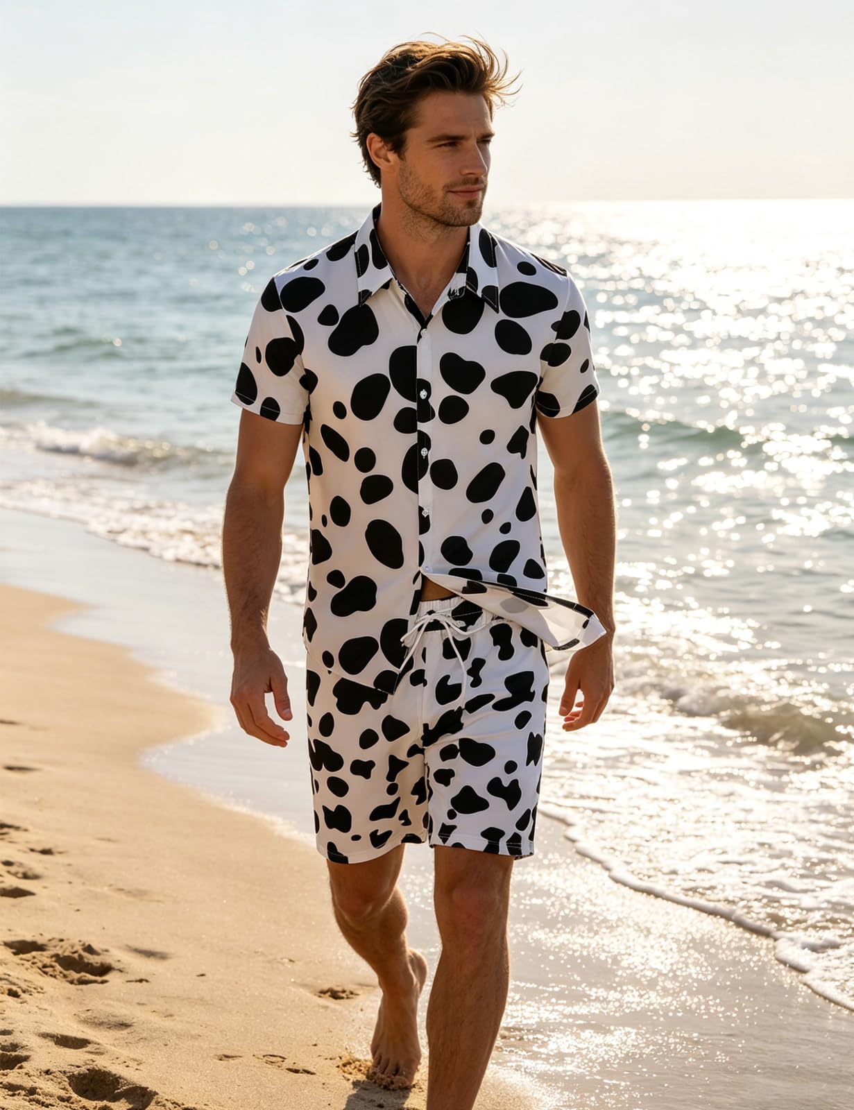 Camisa y Pantalones de Estampado Animal Casuales Manga Corta para Hombres