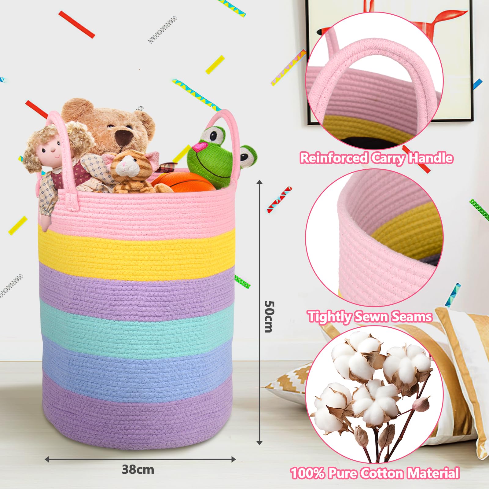 Caossuixin Rainbow Baby Laundry Basket, 38x50cm(56L) Extra Large Woven Cotton Rope Basket, Blanket Basket with Handle - Image 2
