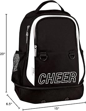 chasse Challenger Cheer Backpack, 600D Polyester, Shoe Compartment, Padded Straps, Mesh Side Pockets (Black)